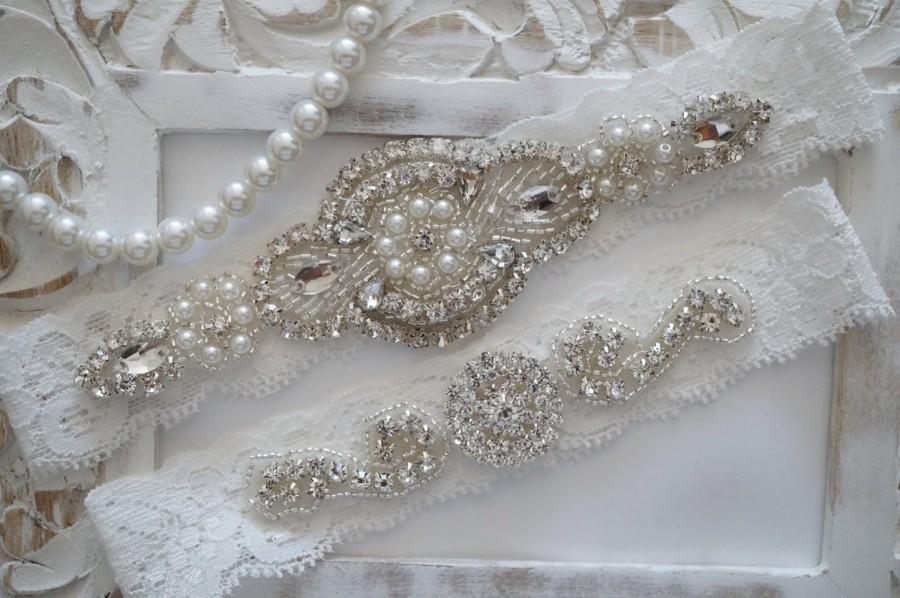 زفاف - Wedding Garter Set, Bridal Garter Set, Vintage Wedding, Ivory Lace Garter, Crystal Garter Set  - Style 600