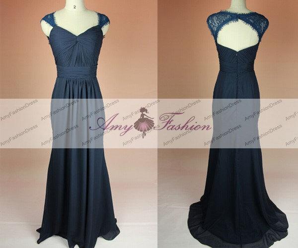 Mariage - Sexy Long Formal Dress Chiffon Mermaid Navy Blue Bridesmaid Dress Wedding Party Dress Open Back Prom Dress Evening Gown With Lace Cap Sleeve