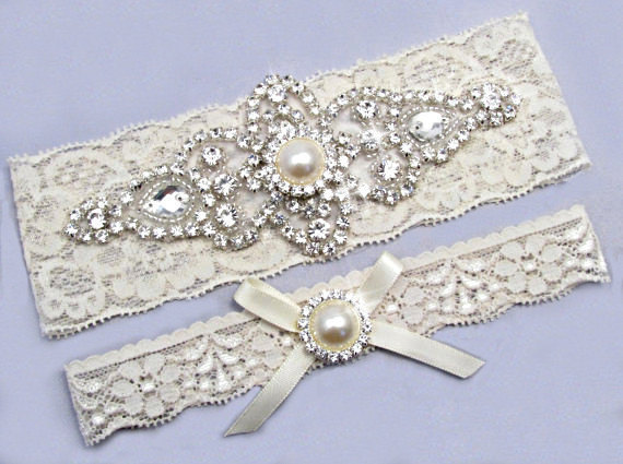 Wedding - Ivory Bridal Garter Set, Crystal Rhinestone Pearl Keepsake / Toss Garters, White / Ivory Stretch Lace Wedding Garter, Love Forever Bridal