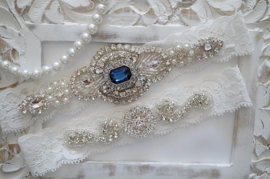 Wedding - Wedding Garter Set, Bridal Garter Set, Vintage Wedding, Ivory Lace Garter, Crystal Garter Set  - Style 600