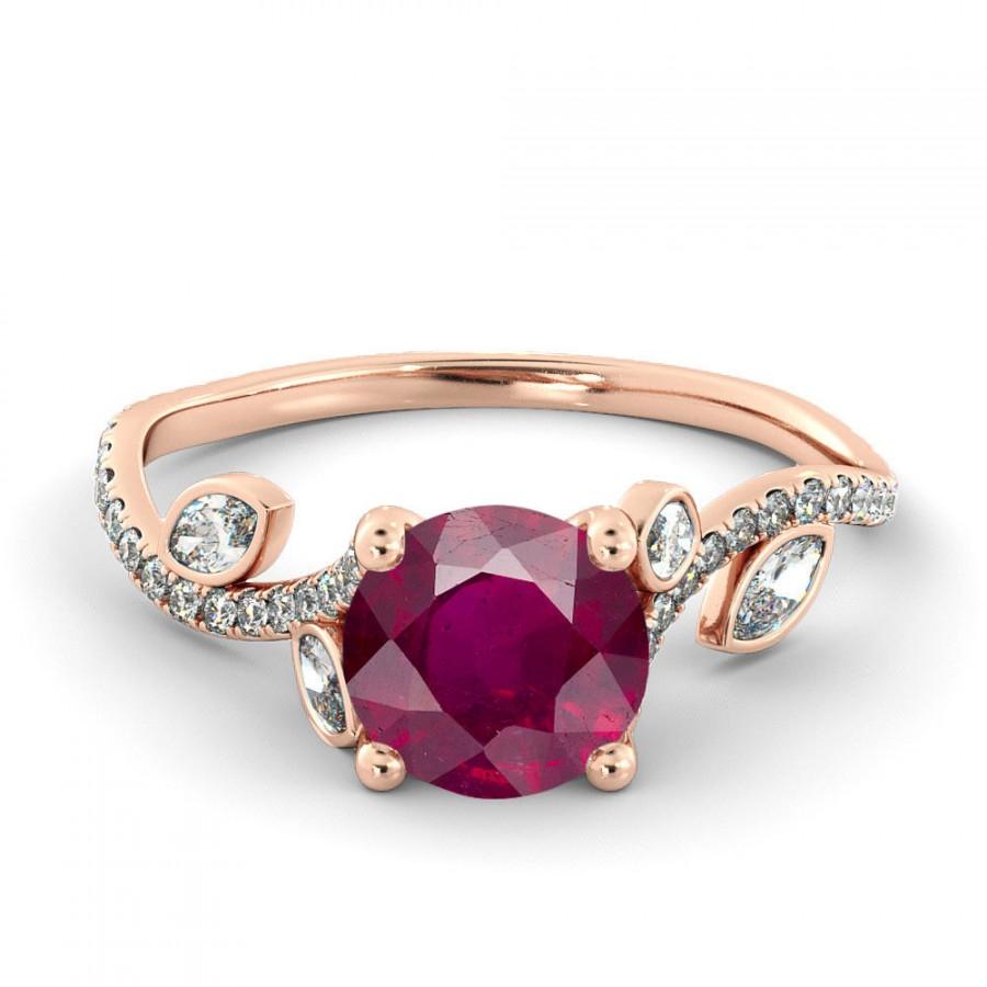 زفاف - 2.00 CT Natural 7MM Leef Ruby Filigree Engagement Ring 14k Rose Gold Large Ruby Ring