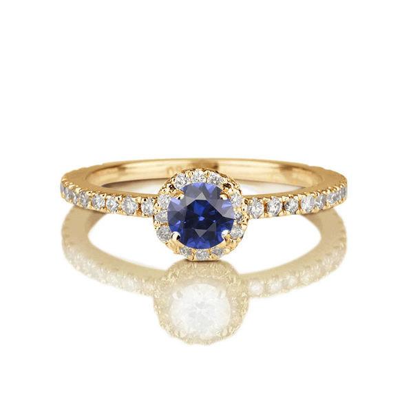 زفاف - Sapphire Engagement Ring, Micro Pave Ring, 14K Gold Ring, Halo Engagement Ring, 0.57 TCW Blue Sapphire Ring Vintage