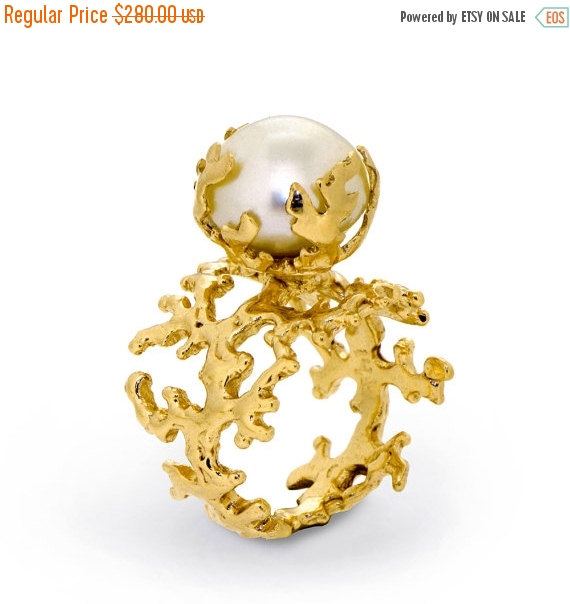 Wedding - 20% off SALE - CORAL PEARL Gold Ring, Yellow Gold Pearl Ring, Statement Ring, Large Pearl Ring, Pearl Engagement Ring