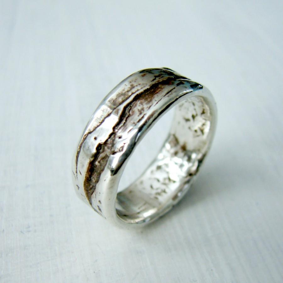 Wedding - Simple Sterling Silver Birch Bark or Wood Grain Mountain Wedding Ring for Rustic Wedding