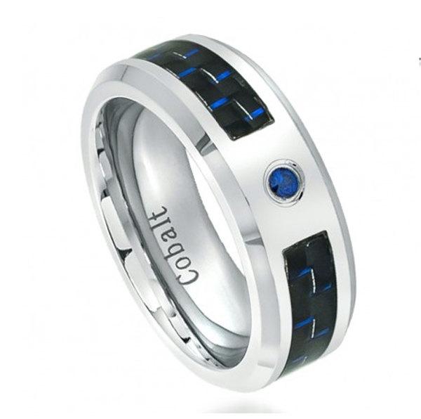 Свадьба - 8MM Men Women Unisex His Hers Wedding Engagement Band High Polish Cobalt Ring 0.05 Carat BLUE SAPPHIRE Stone Blue Black Carbon Fiber Inlay