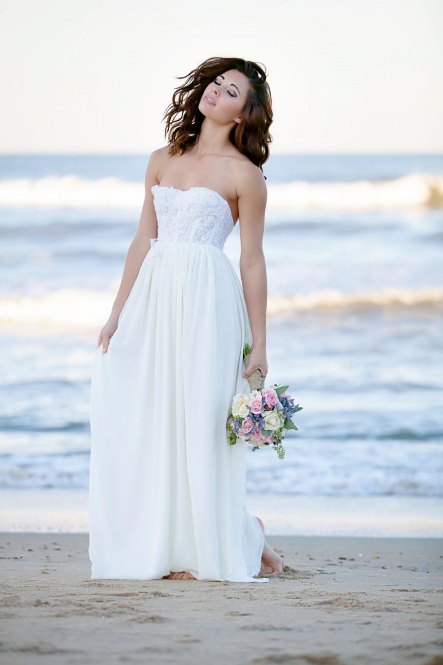 Hochzeit - Wedding Dress Bohemian Long Bustier wedding gown Chiffon  Lace- Ravenna Gown sample sale