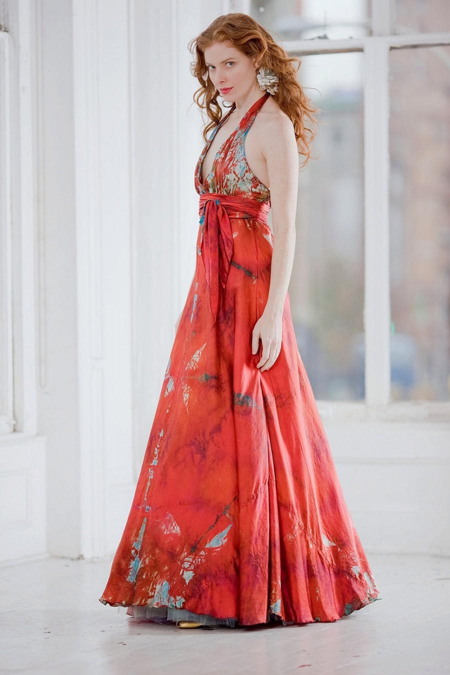 Wedding - Red orange  turquoise silk long  halter wedding dress with crinoline by momosoho