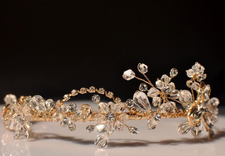 Mariage - Handmade crystal rhinestone starning gold bridal tiara wedding hair accessory