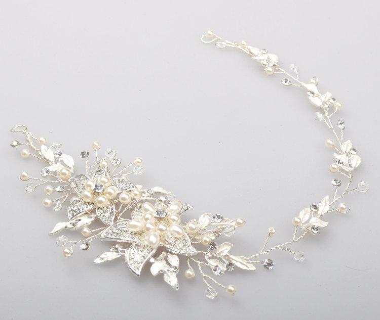 Wedding - Silver color head flower handmade hand weaved bridal headband with manmade pearl and rhinestone crystal hair jewelry wedding accessories