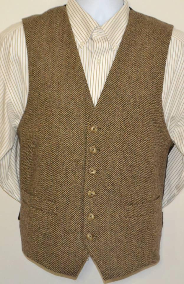 Hochzeit - Mens Vest, herringbone in wool tweed, 100% acetate lined , AC Ashworth & Company formal wear, custom fit, two welt pockets, handmade in USA