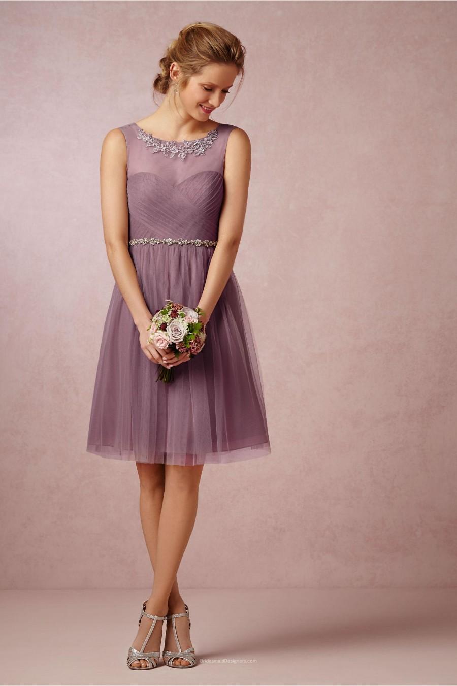 Wedding - Embroidered Pleated Short Knee Length Mauve Tulle Bridesmaid Dress