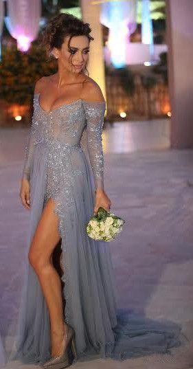 Hochzeit - Sexy Beaded Tulle Left Slit A-line Long Sleeves Floor-length Evening Dress From Sweetheart Dress