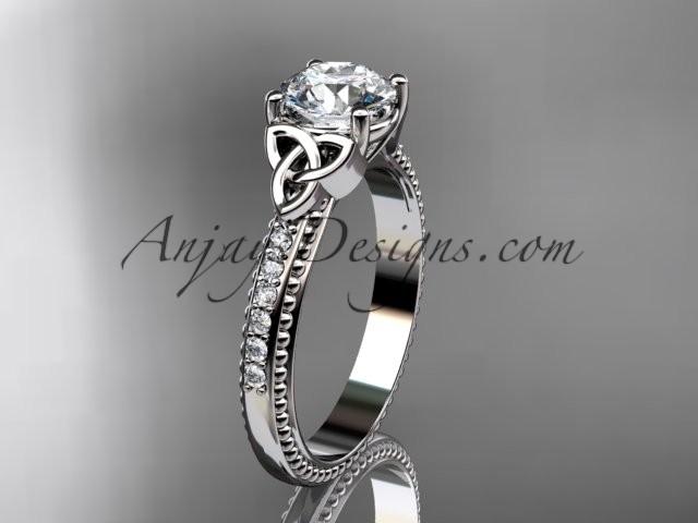 Hochzeit - platinum diamond celtic trinity knot wedding ring, engagement ring with a "Forever One" Moissanite center stone CT7391