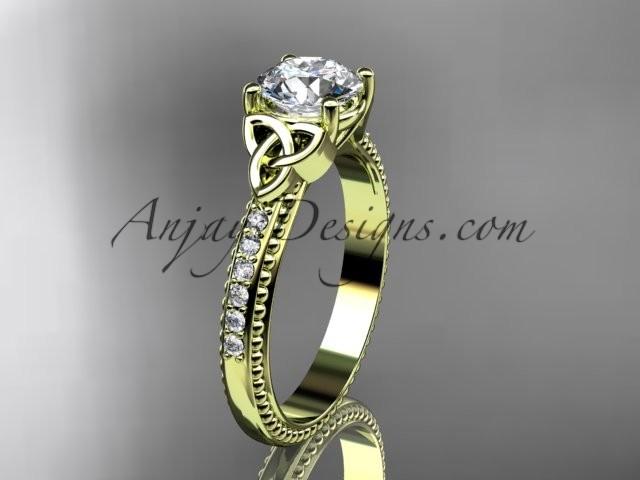 Hochzeit - 14kt yellow gold diamond celtic trinity knot wedding ring, engagement ring with a "Forever One" Moissanite center stone CT7391