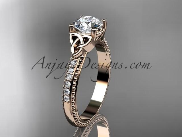 زفاف - 14kt rose gold diamond celtic trinity knot wedding ring, engagement ring with a "Forever One" Moissanite center stone CT7391