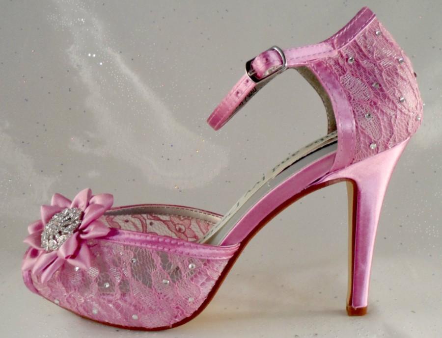 Mariage - Rose Lace Bridal Heels Bridal Heels 3 1/2 Inch Heels, Pink Lace Wedding Shoes, Silk Flower Pink Lace Heels