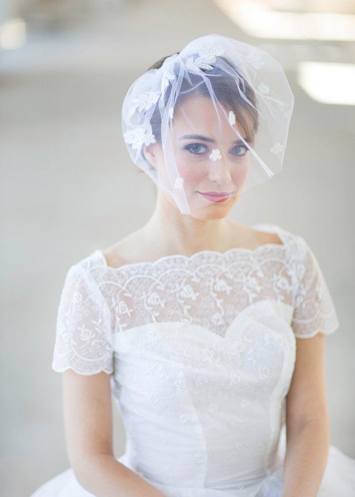 Wedding - Bridal blusher veil, Alencon lace adornment, white wedding veil, soft tulle Style 625