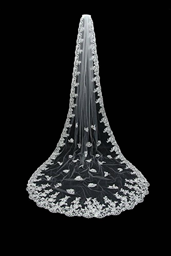 زفاف - Cathedral lace wedding veil, white, light ivory, 10 feet long, elegant, blusher, one tier with attached comb