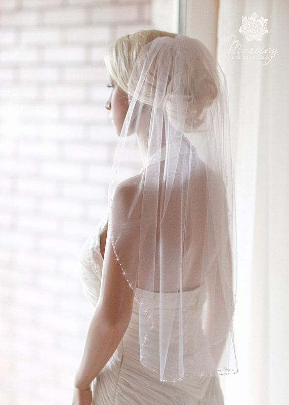 زفاف - 1layer beaded edging wedding veil, sparkle white, ivory, white, bridal veils, italian illusion tulle