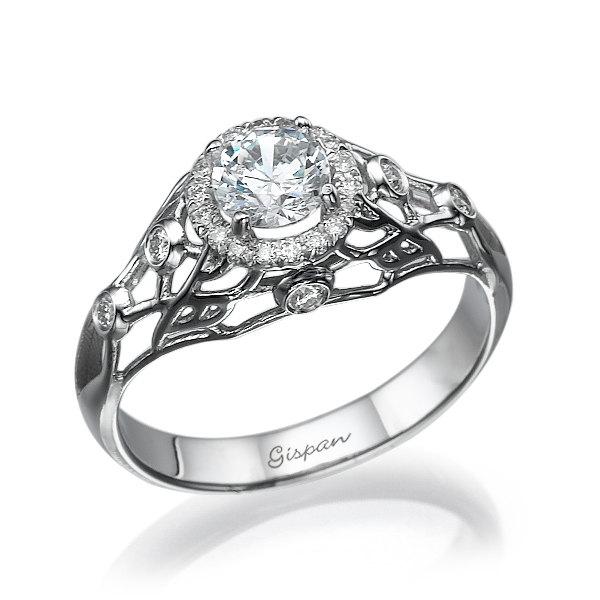 Wedding - Diamond Engagement Ring 14K White Gold filigree ring, Wedding Ring, Art Deco Engagement Ring, Gispandiamonds, Gift, Bridal Jewelry
