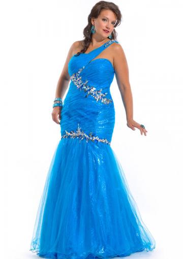 Mariage - 2015 One Shoulder Blue Open Back Tulle Crystals Floor Length Sleeveless Mermaid
