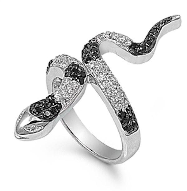 Hochzeit - Micro Pave Black White Snake Ring Solid 925 Sterling Silver Jet Black Diamond CZ Sparkling Clear Crystal CZ Snake Ring Snake Jewelry