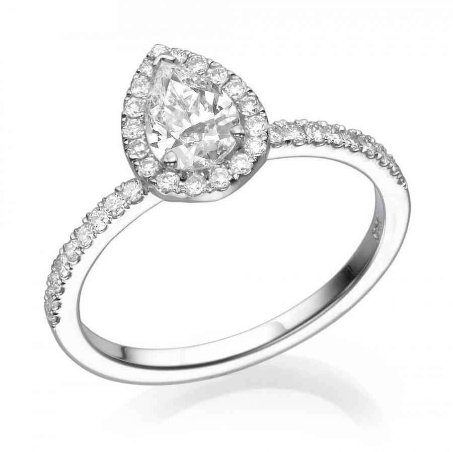 زفاف - Pear Engagement Ring, 14K White Gold Ring, 0.7 CT Diamond Ring, Halo Engagement Ring, Pear Shaped Ring, Halo Ring