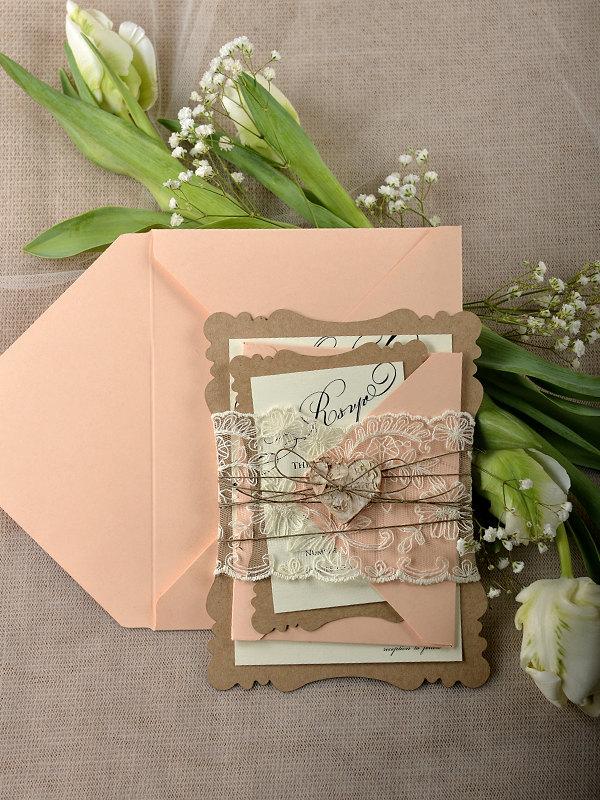 زفاف - Rustic Wedding Invitations (20), Lace Laser Cut wedding Invitation, Eco Chic Peach Wedding Invitation, Romantic Wedding Invites,