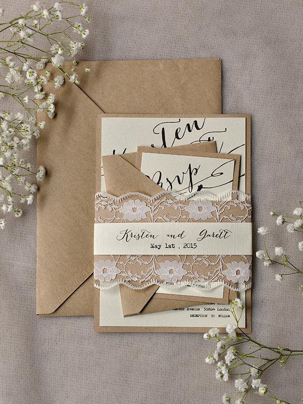 زفاف - Rustic Lace Wedding Invitations (20), Calligraphy Wedding Invitations, Recycled Lace Invitation, Belly Band Invitation, Eco Wedding Invites