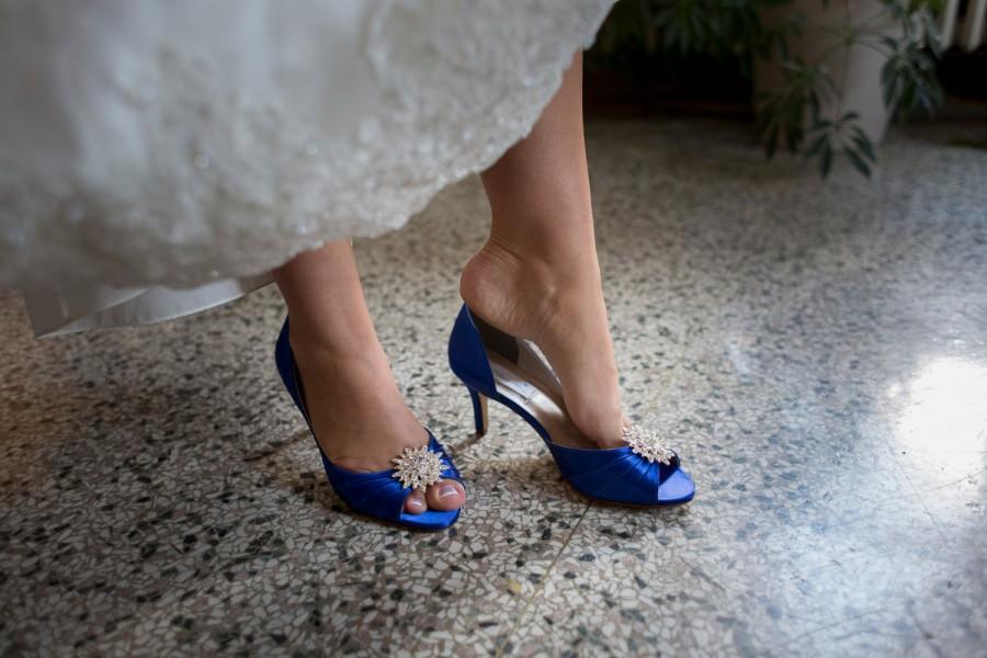 Hochzeit - Wedding Shoes Blue Wedding Shoes with Rhinestone Flower Burst Additional 100 Colors To Pick From