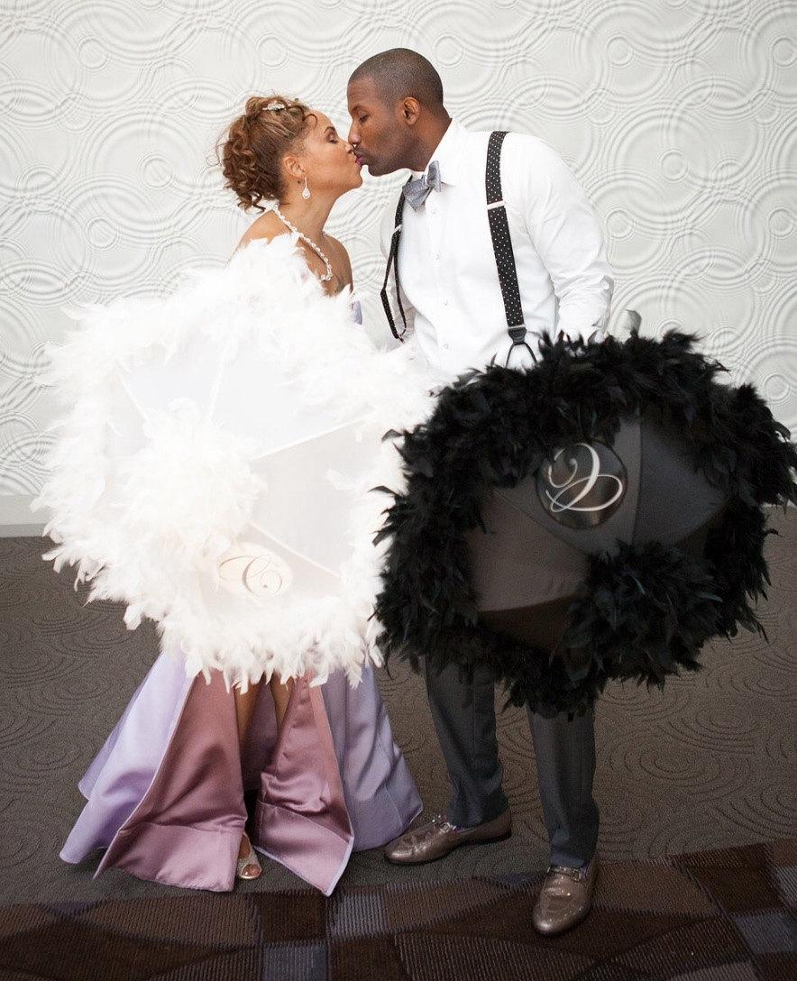 Hochzeit - Bride and Groom, 2 personalized second line umbrellas with your initial. customized, and feather boas too