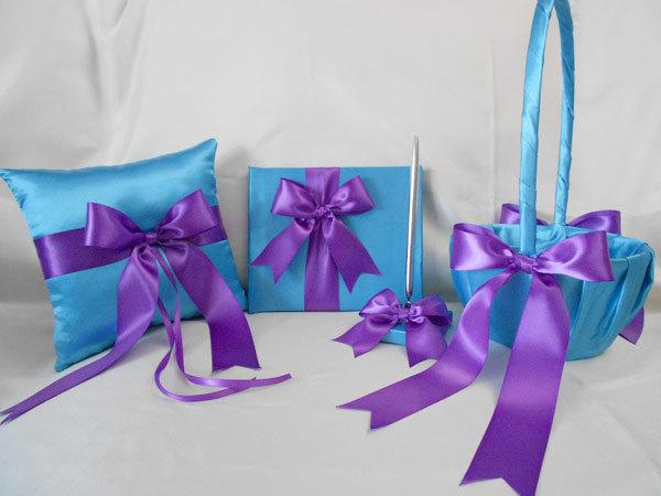 زفاف - Wedding Accessories Turquoise Purple Flower Girl basket Ring Pillow Guest Book Pen Your Colors