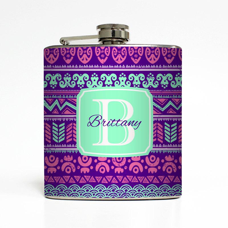 Wedding - Custom Flask Personalized Tribal Aztec Name Initial Monogram Custom 21st Birthday Women Gifts Stainless Steel 6 oz Liquor Hip Flask LC-1475