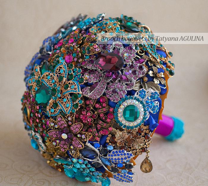 Mariage - Brooch bouquet. Purple, Teal and Gold wedding brooch bouquet, Jeweled Bouquet.