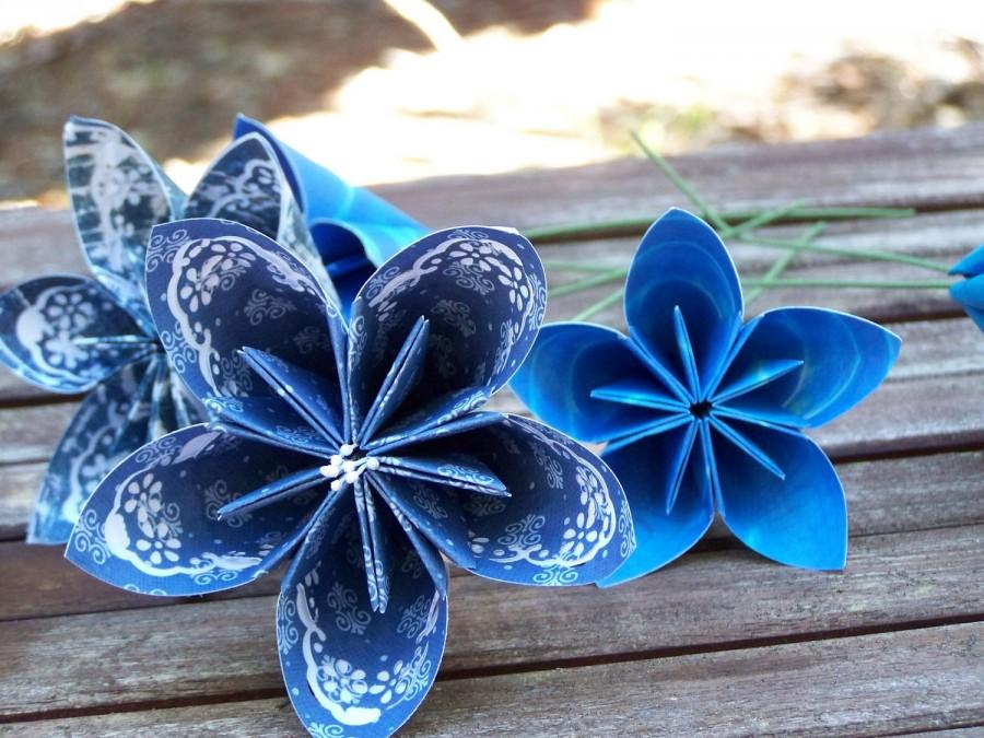 Wedding - Paper Flowers of Sapphire Blue 6 Origami Flowers With Stems