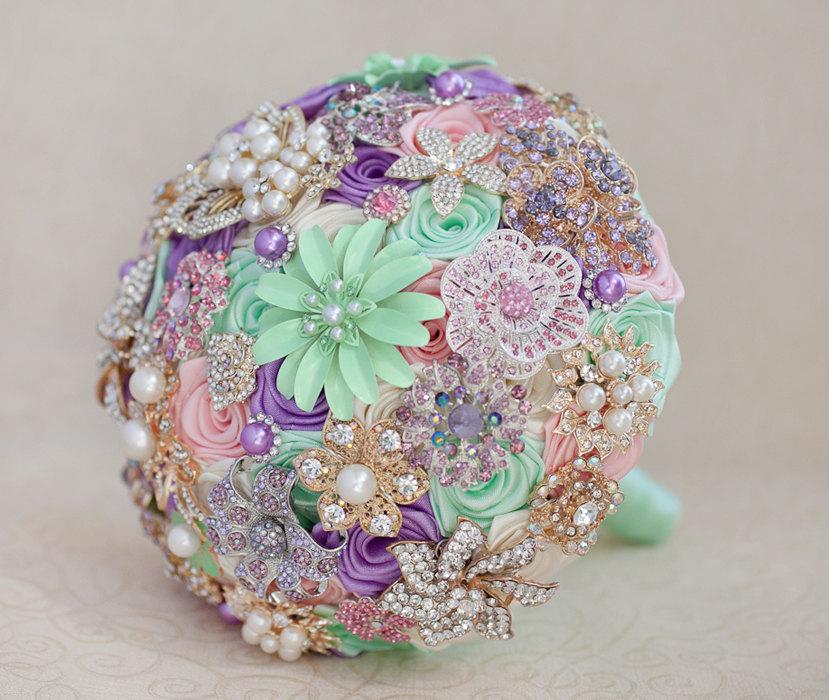 زفاف - Brooch bouquet. Mint, Pink, Lilac and Ivory wedding brooch bouquet