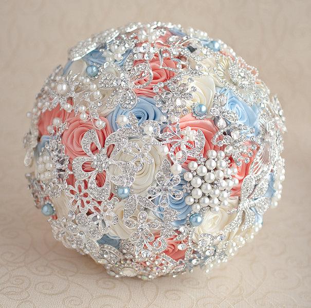 Hochzeit - Brooch bouquet. Coral, Blue, Ivory and silver wedding brooch bouquet, Jeweled Bouquet. Made upon request