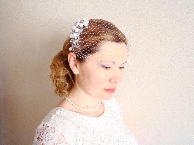 Mariage - White Birdcage Veil Comb - Blusher Bridal Veil - French Netting Bridal Headpiece - Pearl Bridal Hair Comb Fascinator Hair Accessories EMILY