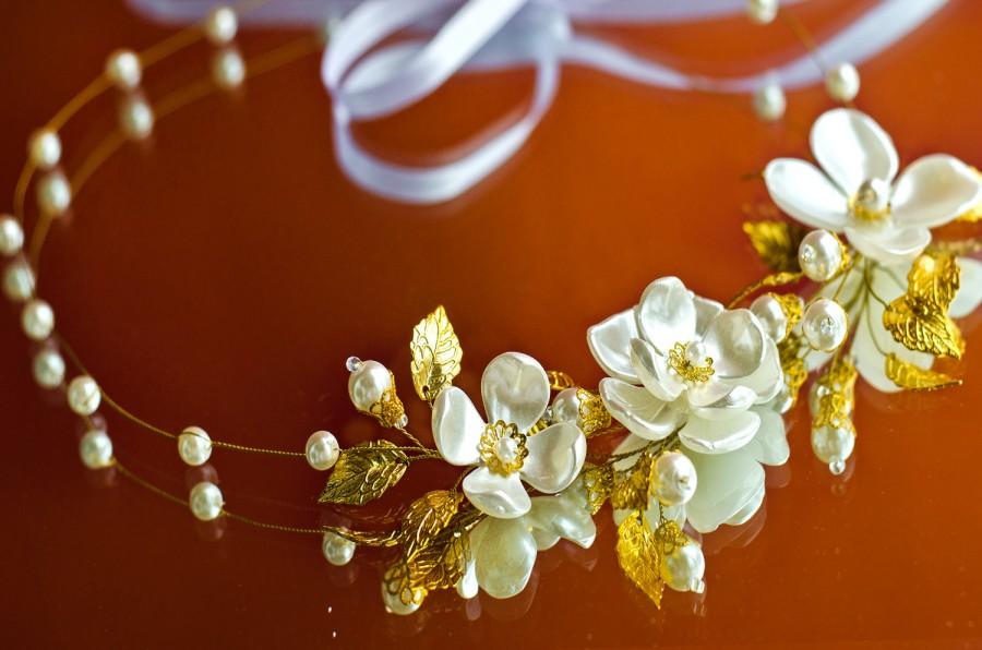Wedding - floral bridal headpiece, pearl hair vine, wedding tiara, bridal headband, pearl tiara, gold flower tiara, gold crown, bridal flower crown