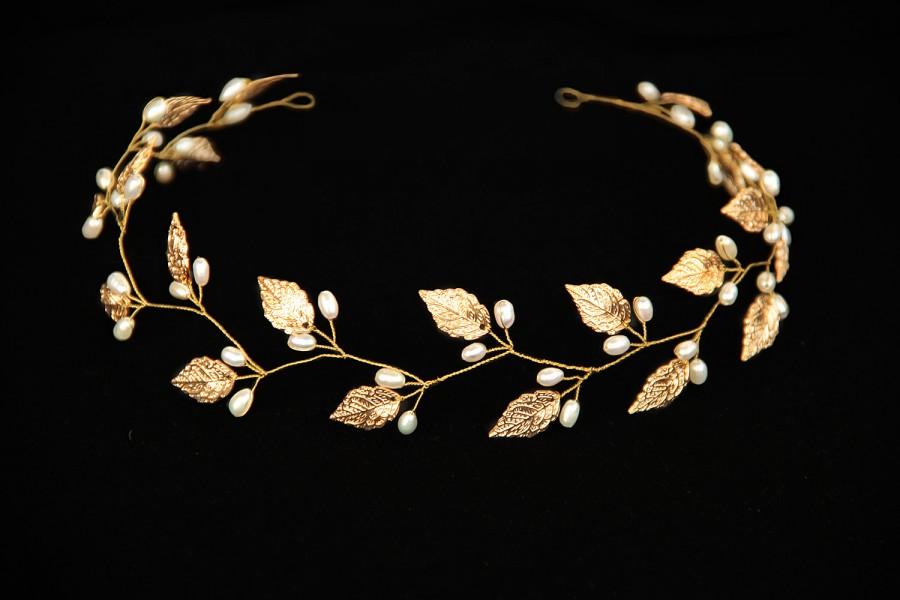 Wedding - greek crown, gold leaf tiara, crystals tiara, laurel crown, grecian goddess crown, greek tiara, pearl hair accessories, silver leaves tiara