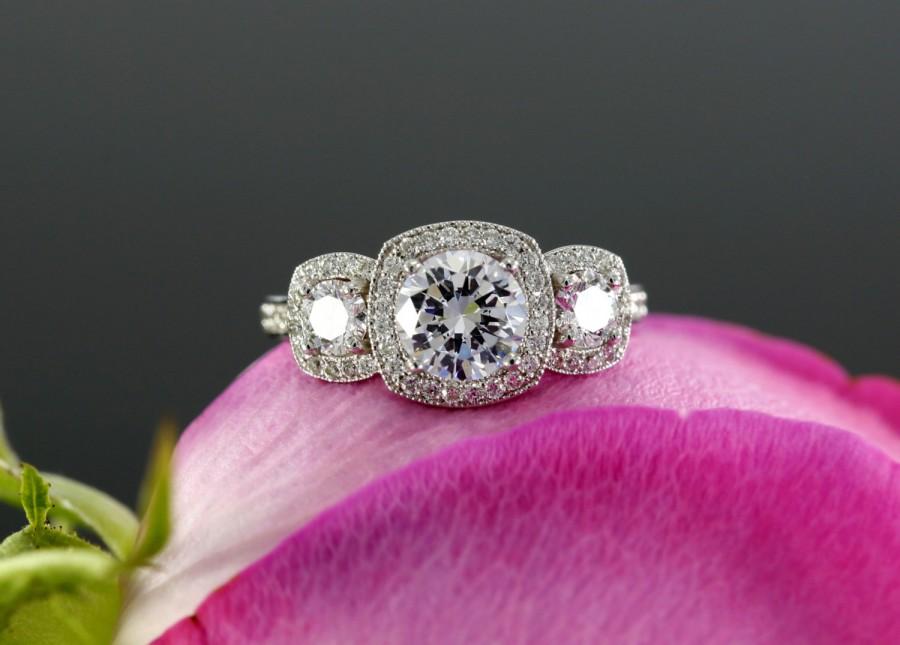 زفاف - Moissanite Three Stone Halo Engagement Ring with Diamonds in 14K White Gold  (rose gold, yellow gold and platinum available)