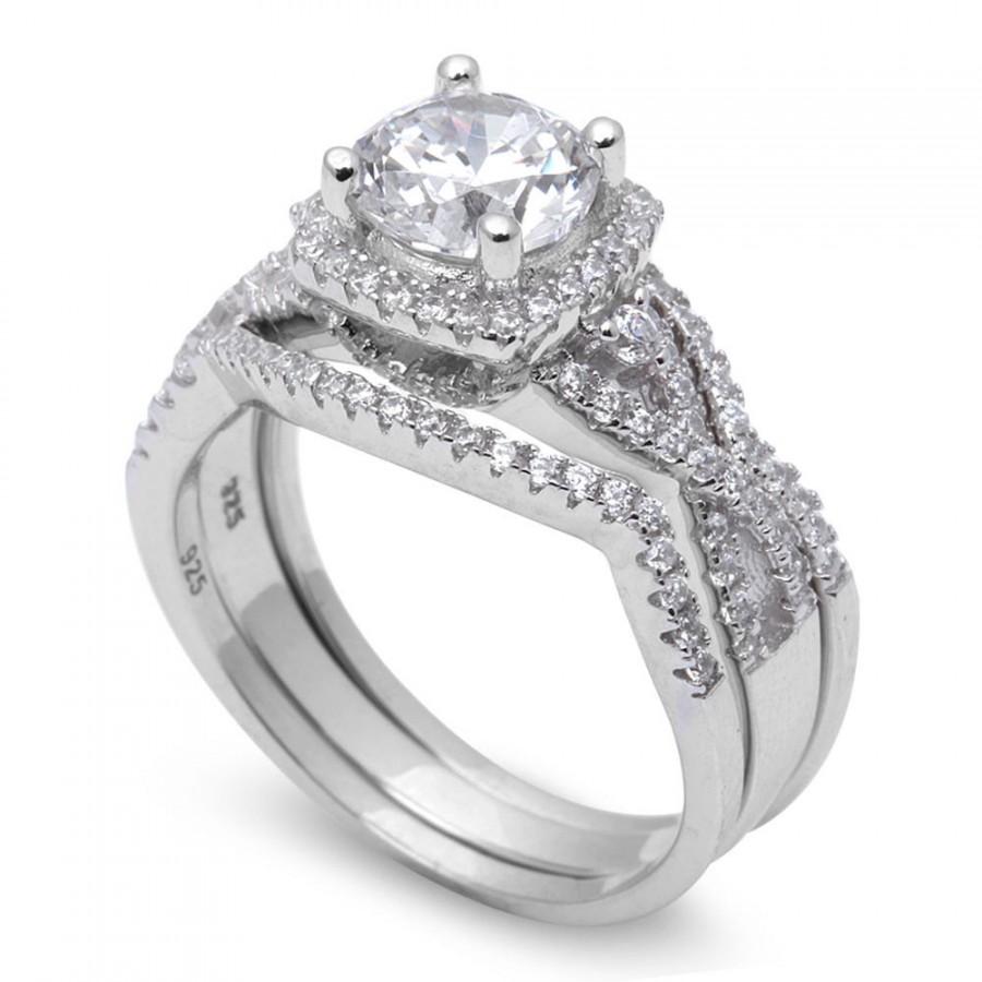 Mariage - Vintage Wedding Engagement Ring 1.28CT Round Russian Ice Diamond CZ Halo Infinity Shank Three Piece Ring Trio Set Solid 925 Sterling Silver