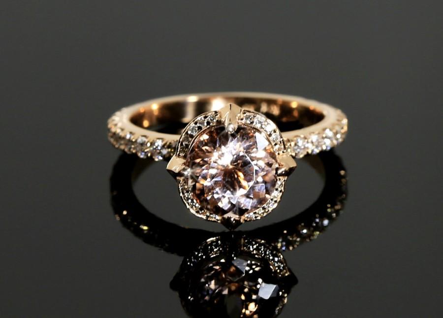Wedding - Morganite Engagement Ring with Diamonds in Rose Gold, Halo Engagement  (available in white gold, yellow gold, platinum and other gemstones)