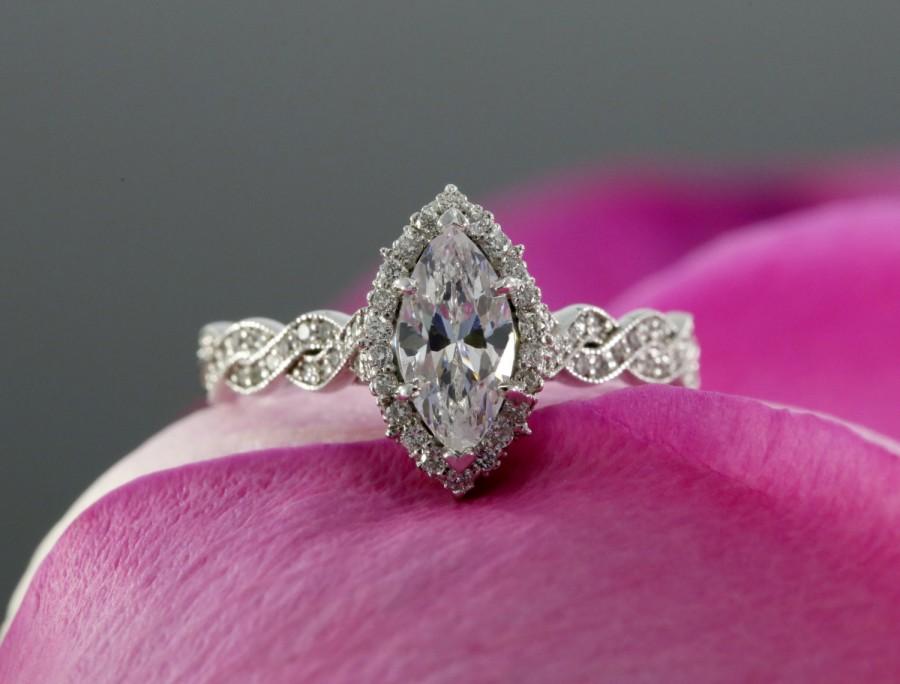 Wedding - Marquise Moissanite Halo Engagement Ring, Halfway Infinity Ring with Diamonds (avaliable in yellow, rose, white gold and platinum)