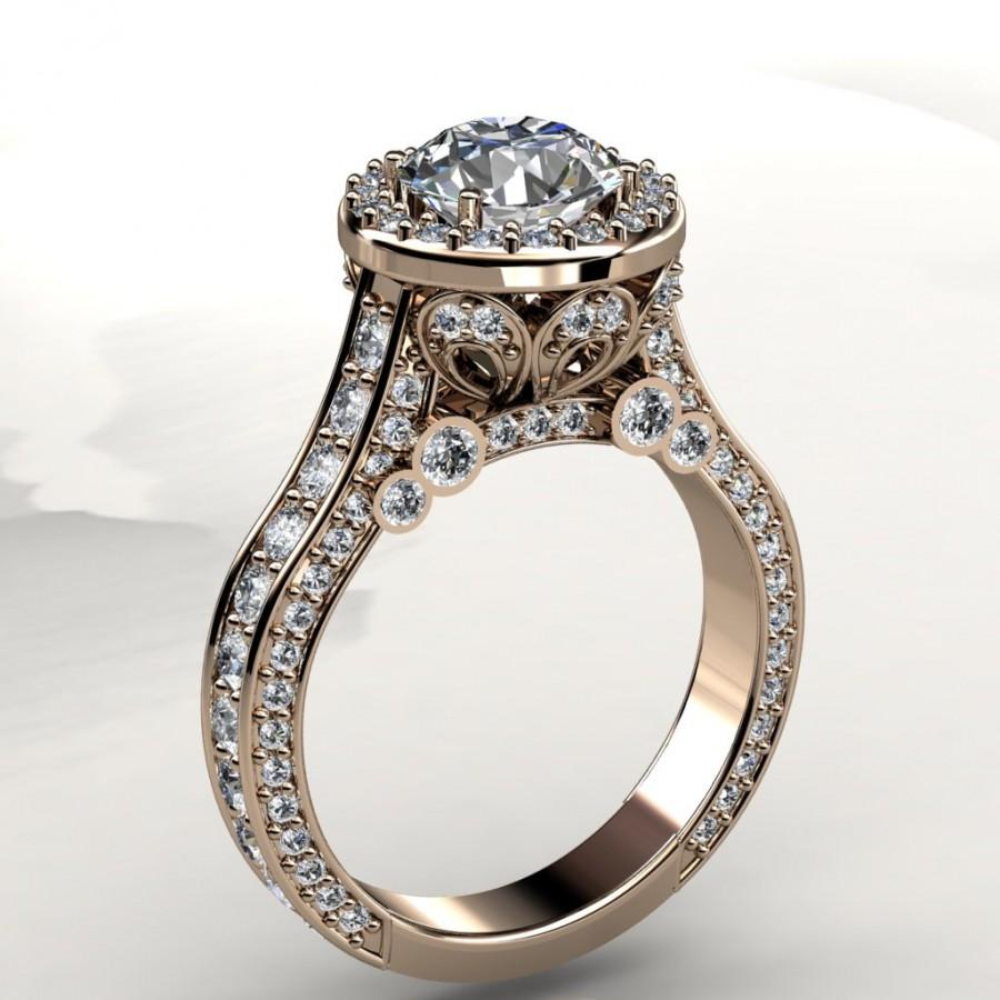 Wedding - 6.5mm Forever Brilliant Moissanite and Diamond Halo Engagement Ring  (avail. rose gold, white gold, yellow gold and platinum )