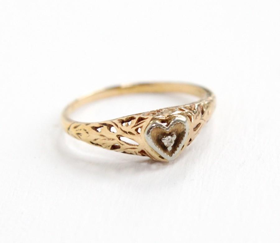 Hochzeit - Sale - Antique 10k Yellow Gold Art Deco Heart Diamond Ring - Size 7 1/4 Vintage Filigree 1930s Romantic Engagement Bridal Fine Jewelry