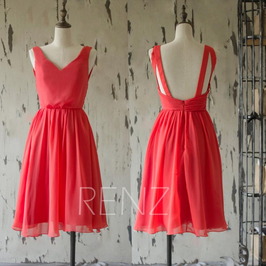 زفاف - 2015 Coral Chiffon Bridesmaid dress, Pretty Wedding dress, Knee-length Party dress, Orange Red Formal dress, Elegant Evening Dress (F141)