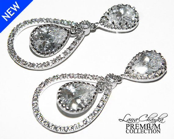 زفاف - Bridal Earrings Cubic Zirconia Teardrop Earrings Sterling Silver CZ Earrings Wedding Earrings Clear CZ Sparkly Earrings Bridal Jewelry
