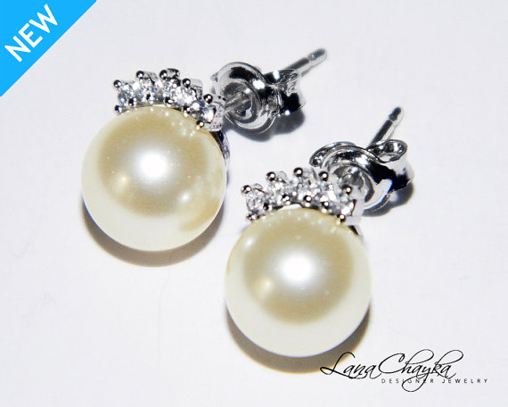 Свадьба - Ivory Pearl Stud Earrings Pearl CZ Small Bridal Earrings Swarovski Pearl Sterling Silver Posts Earrings Wedding Jewelry Bridal Pearl Jewelry