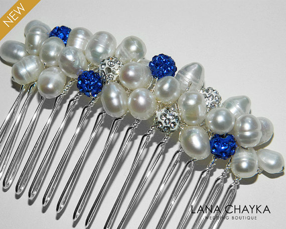 Свадьба - Pearl Blue Crystal Bridal Hair Comb White Freshwater Pearl Royal Blue Wedding Hair Comb Beach Wedding Hair Piece Pearl Bridal Hair Combs